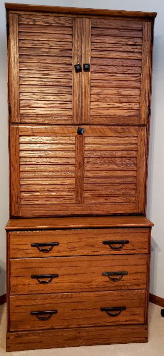 Ranch Oak three drawer chest w/drop front desk & bookcase  top