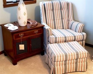 Henredon night stand/end table & striped chair & ottoman