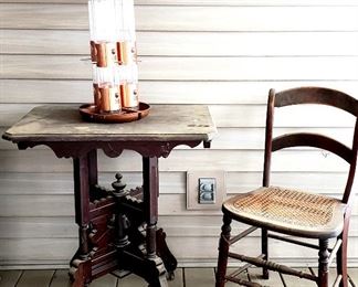 Antique Victorian lamp table, caned chair & bird feeder