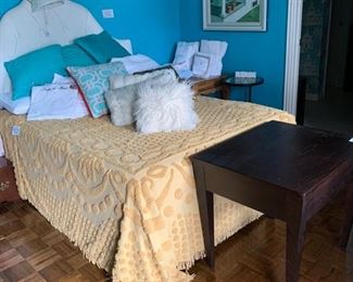 Full size fabric tufted bed with brand new Simmons memory foam mattress and box springs 