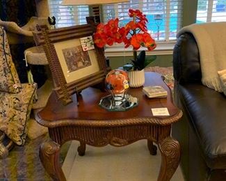 Traditional side tables. Tramp art frame with photo. 