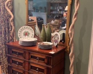 Lexington Palmer Home Charles II style walnut chest. Burl wood sculptures. 