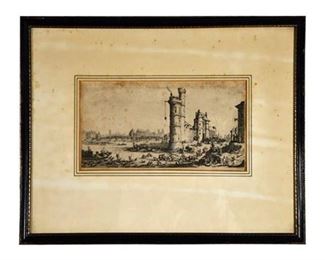 9. Vintage Engraving of Cityscape with Boats and Building Ruins
