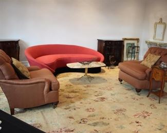 Pair Century chairs; "moderne" figural brass base onyx top table & Italian vintage curved red sofa attributed to Ico Parisi  (rug not for sale)