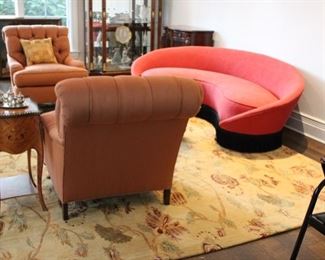 Pair Century chairs; "moderne" figural brass base onyx top table & Italian vintage curved red sofa (rug not for sale)