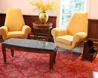 Maitland Smith inlaid table; French style marble top cocktail table & pair vintage c 1940's arm chairs (in the style of Gigi Radice for Minotti)