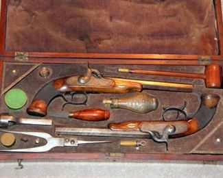 Pair of French Dueling Pistols in Walnut Case with Accessories