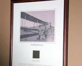 Framed Original Fabric, Print & Story of Wright Bros.  Dehavilland DH4 Aircraft, 