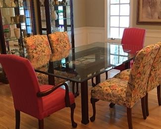 Dining Table with Mahogany Base, Beveled Edge and Upholstered Chairs