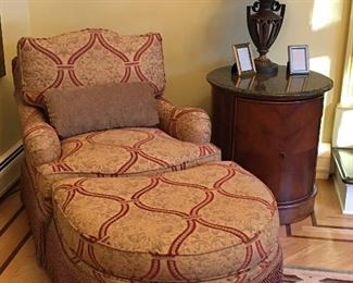 Chair and Ottoman with fringe detailing, Round Side Table with Custom granite top