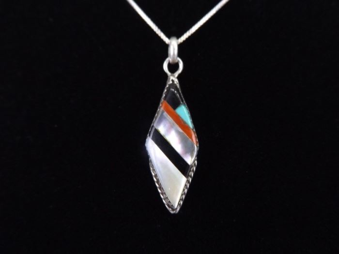 .925 Sterling Silver Artist Signed Natural Inlayed Stone Zuni Pendant Necklace
