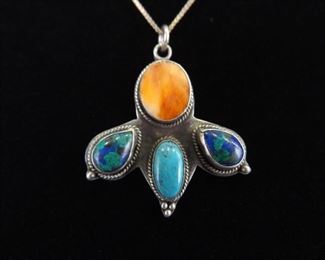 .925 Sterling Silver Red Coral and Turquoise Cabochon Navajo Pendant Necklace
