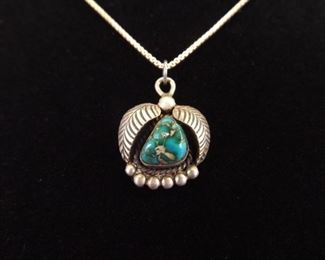 .925 Sterling Silver Navajo Turquoise Pendant Necklace
