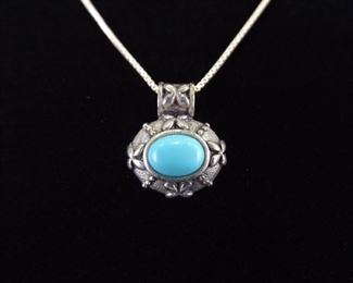 .925 Sterling Silver Turquoise Enamel Cabochon Pendant Necklace
