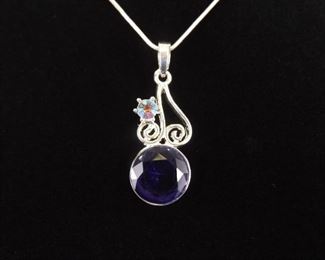 .925 Sterling Silver Faceted Amethyst and Aurora Pendant Necklace
