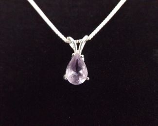 .925 Sterling Silver Pear Cut Amethyst Pendant Necklace
