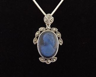 .925 Sterling Silver Art Nouveau Blue Cameo Pendant Necklace
