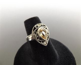 .925 Sterling Silver Art Nouveau Pear Cut Yellow Tourmaline Ring Size 6
