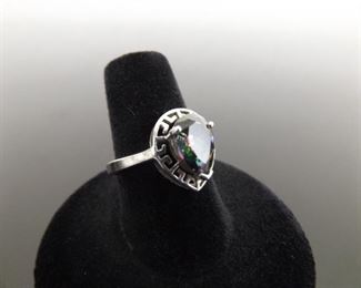 .925 Sterling Silver Pear Cut Mystic Quartz Greek Key Ring Size 7.5
