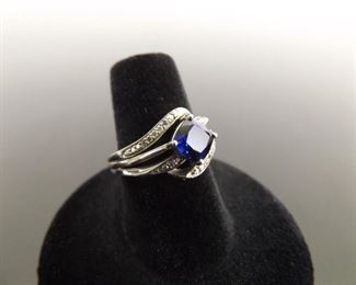 .925 Sterling Silver Sapphire Crystal Ring Size 6.5
