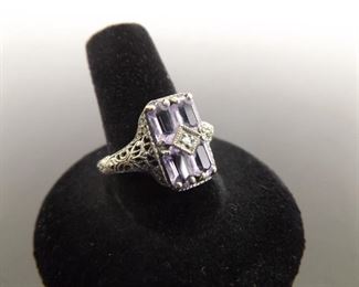 .925 Sterling Silver Diamond Accented Art Nouveau Amethyst Ring Size 10

