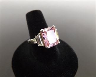 .925 Sterling Silver French Cut Pink Sapphire Crystal Ring Size 8
