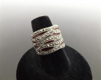.925 Sterling Silver Art Nouveau Red Enamel Ring Size 7

