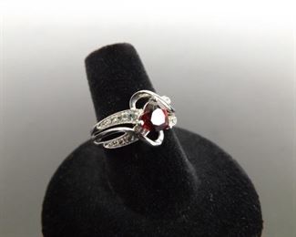 .925 Sterling Silver Garnet Crystal Heart Ring Size 7
