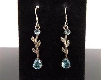 .925 Sterling Silver Art Nouveau Pear Cut Topaz Hook Dangle Earrings
