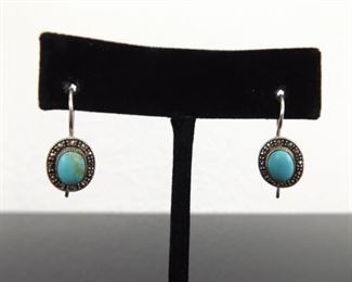 .925 Sterling Silver Art Nouveau Turquoise Cabochon Double Hook Earrings
