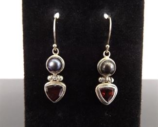 .925 Sterling Silver Trillion Cut Garnet and Black Pearl Hook Dangle Earrings
