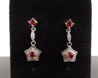 .925 Sterling Silver Pink Sapphire Crystal Star Post Dangle Earrings
