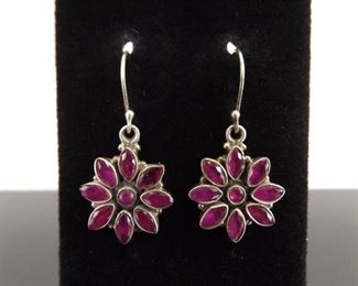 .925 Sterling Silver Pink Sapphire Crystal Flower Hook Dangle Earrings
