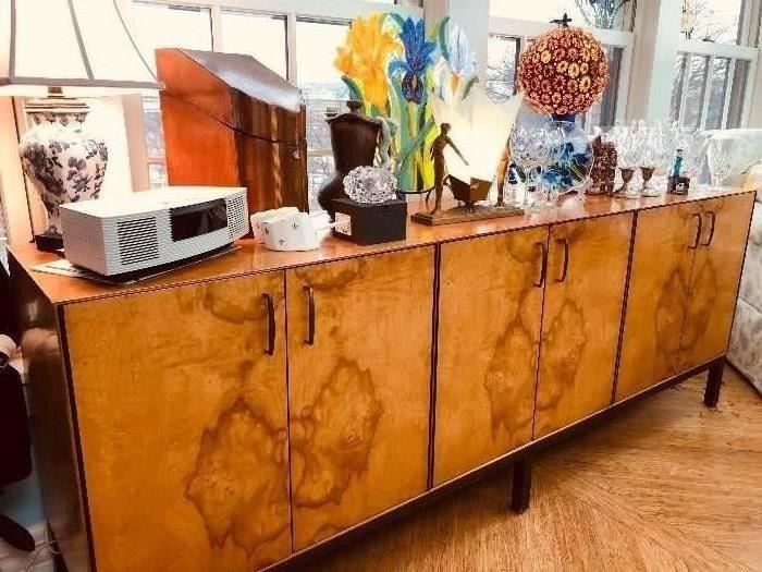 Milo Baughman for Directional Sideboard/Credenza. Butterflied Burled Walnut with butterflied walnut interior.