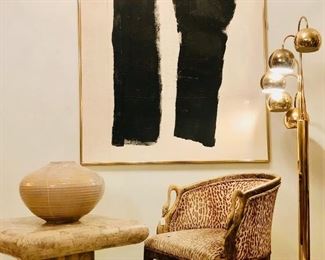 Large abstract contemporary painting.  48w x 72h. Vintage 1950’s leopard chair, 80’s tessellated side table with 1970’s mid century standing light.  