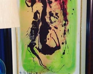 Chartreuse and brown 1970’s abstract painting. Signed by Aaron .... titled “ The Hand of Plenty “. 