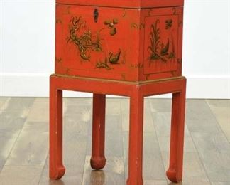 Mid Century Asian Red & Gold Storage Chest W Stand