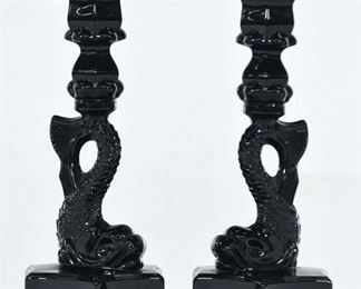 Pair Of Black Glass Asian Dolphin Motif Candlesticks