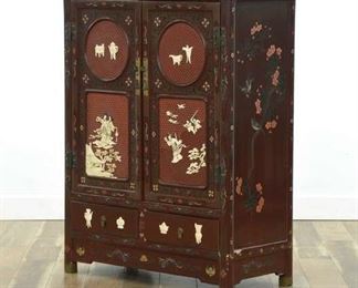 Antique Maroon Carved Scene Panel Asian Cabinet