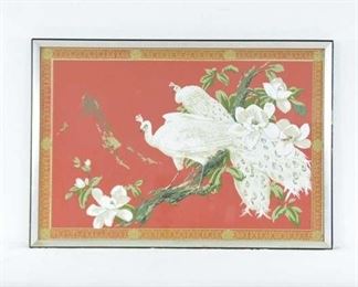 Vintage Asian Motif White Peacocks W Mirror Frame C1971