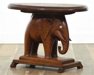 Solid Mahogany Elephant Side Table W/ Marquetry Inlay