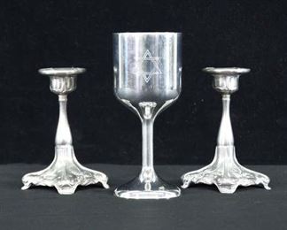 Set Of 3 Mix Lot Pewter Judaica Chalice & Candlesticks
