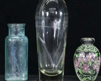 Set Of 3 Mix Lot Glass Bottles & Vase