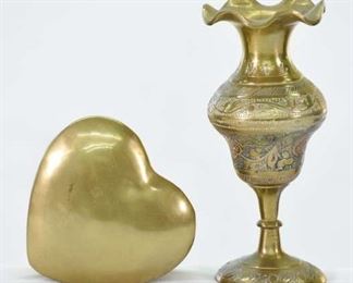 Pair Mix Lot Brass Heart Box & Vase