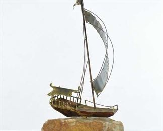 Hand Sculpted Metal Sailboat Mounted On Stone