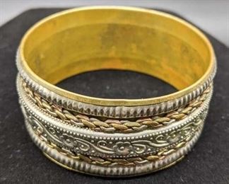 Two Tone Layered Metal Bangle Bracelet W/ Flowers