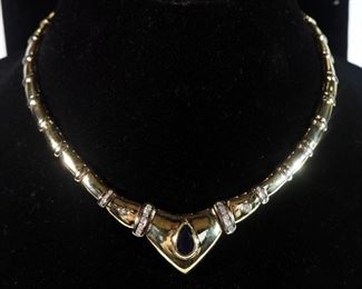 Sapphire, Diamond And 14K Gold Necklace, Sapphire Is Pear Shape, Three Diamonds Are All Full Cut, Necklace Is 37.6 DWT, With Appraisal