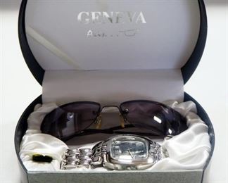 Geneva Axis Wrist Watch And Sunglasses Set With Case
