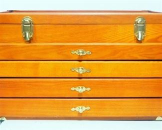 Sisco Solid Hardwood Utility Chest With 4 Drawers And Hinged Lid, Fabric Lined, Side Handles, Brass Hardware, 12.75" High x 21 Wide x 9.5" Deep