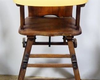 Vintage Wood Transitional High Chair, Transitions Into Child's Seat And Tray On Wheels